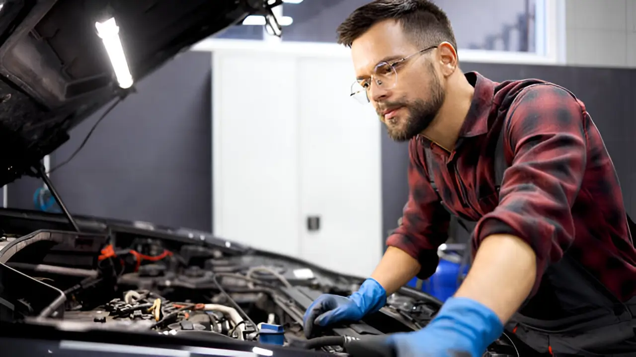 Skilled mechanic wearing gloves and a plaid shirt inspecting a car engine in an auto repair shop in Hamilton.