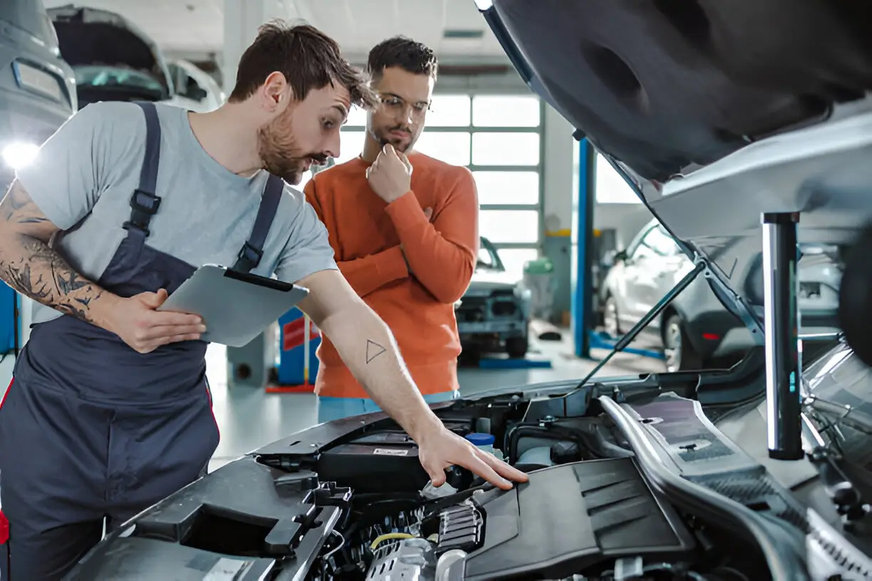 Mechanic inspecting a car engine with a clipboard while explaining repairs to a concerned customer at an auto repair shop in Hamilton.