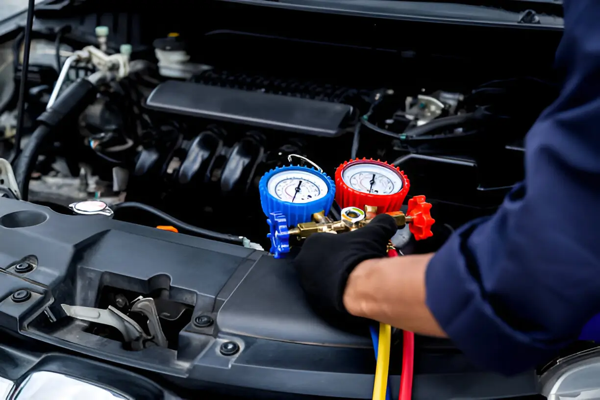 Technician inspecting a car’s AC system with pressure gauges to ensure optimal cooling performance.