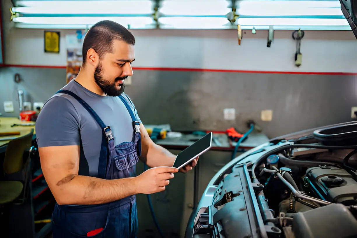 Male auto mechanic in overalls using a digital tablet while inspecting a car engine in a modern workshop.