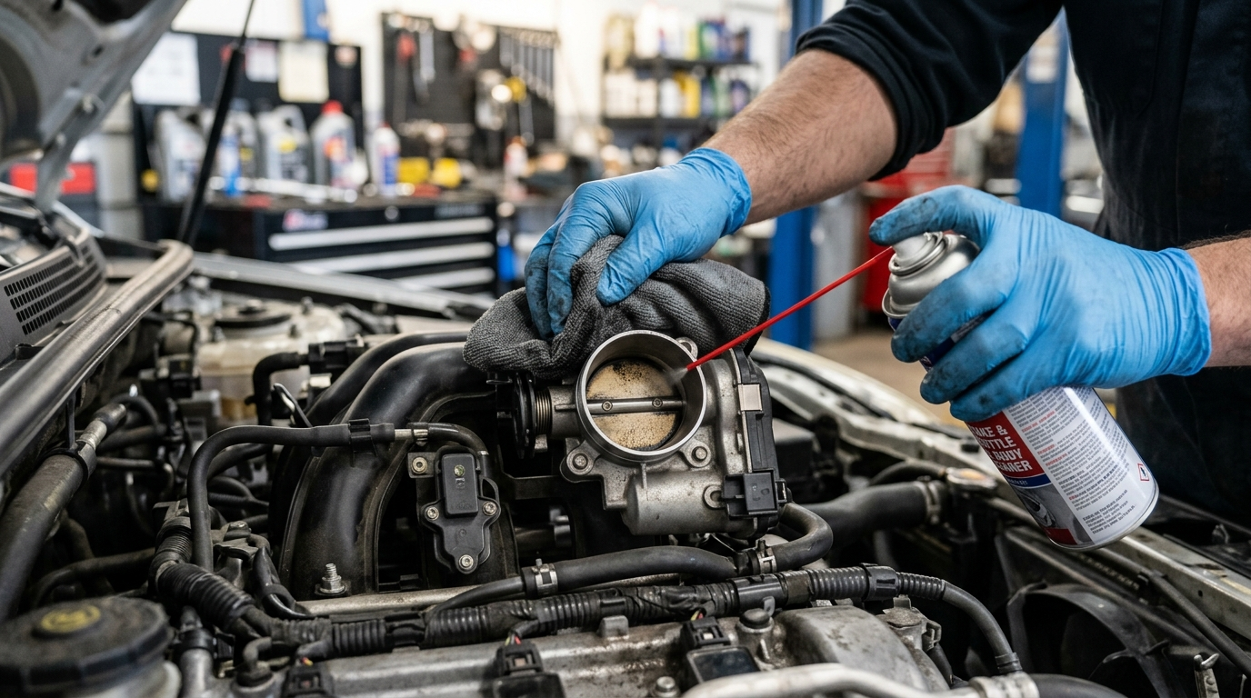 Fuel and air induction cleanup being performed on a car engine intake system
