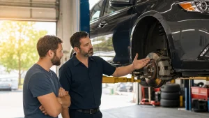 Mechanic explaining why brakes overheat in summer at a Hamilton shop