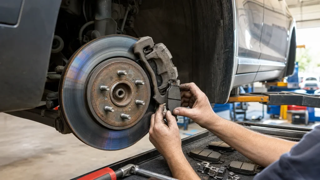 Mechanic replacing brake pads beside a heat-damaged rotor