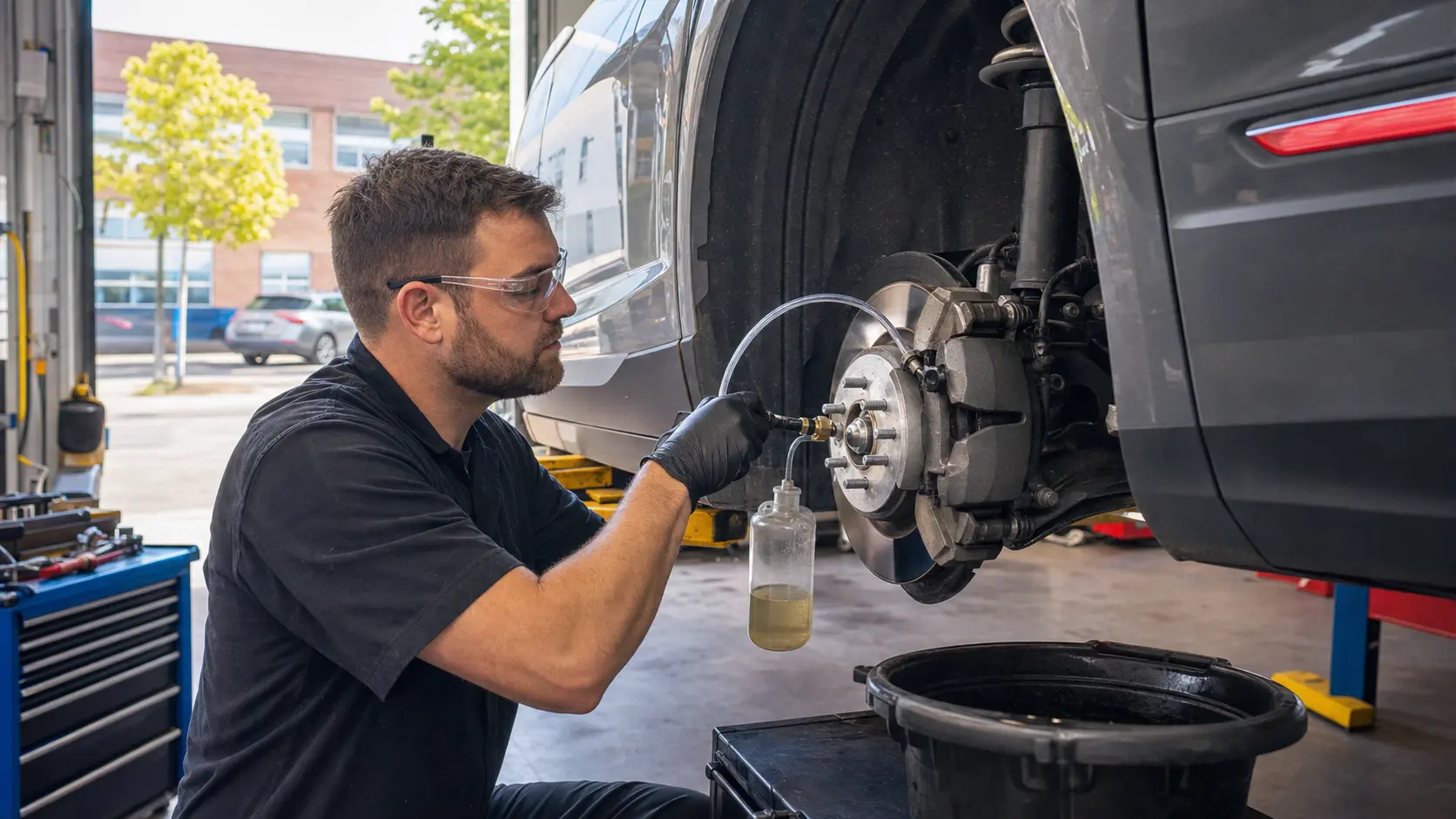 Technician performing a brake fluid flush during summer maintenance