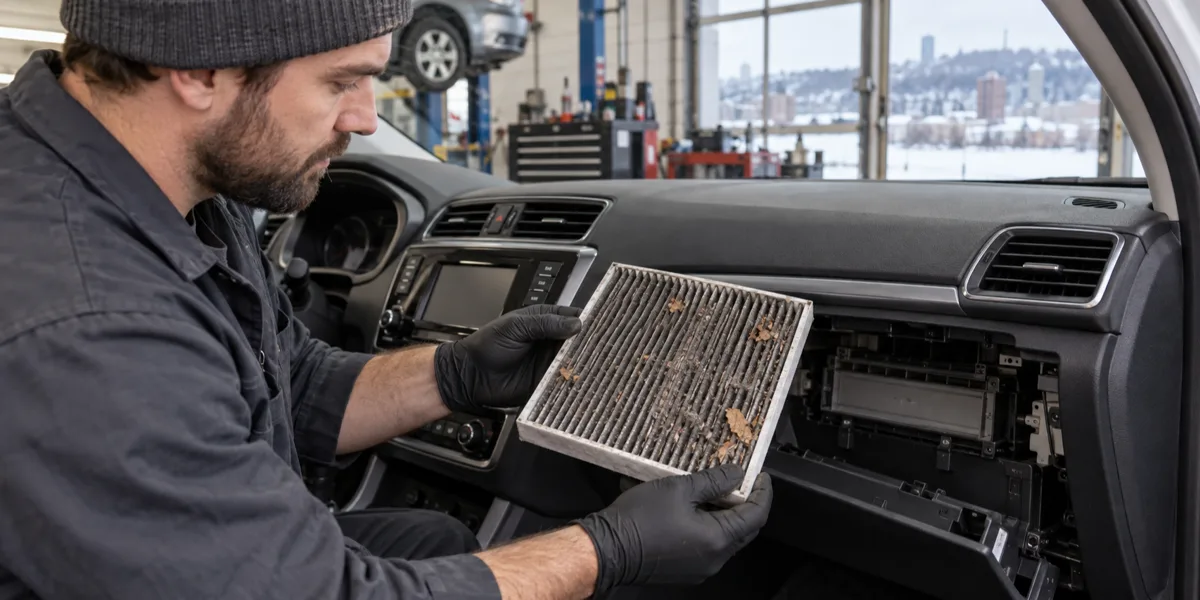 Mechanic inspecting a dirty cabin air filter beside an open dashboard compartment