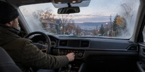 Driver using the climate controls while the windshield clears on a cold Hamilton morning
