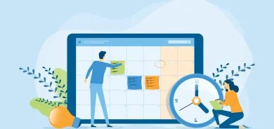 An illustration of two people organizing tasks on a large digital calendar, with a clock and a lightbulb symbolizing time management and productivity.