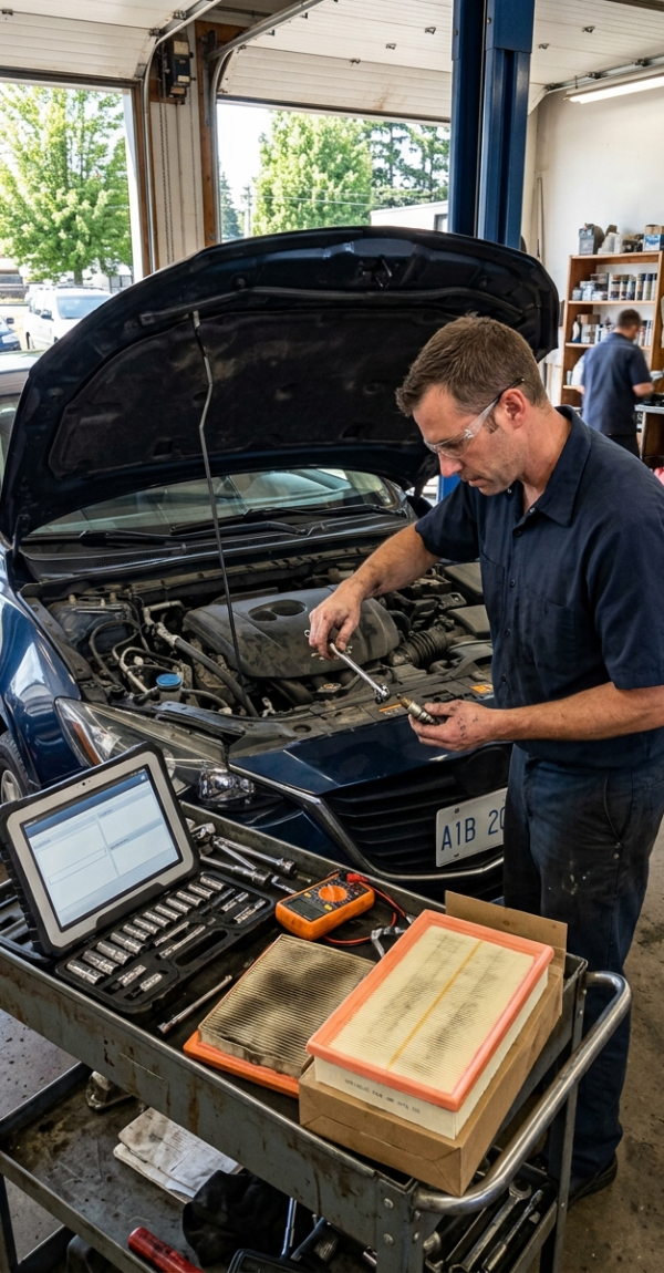 Hot weather engine tune-up with spark plugs and air filter inspection in Hamilton