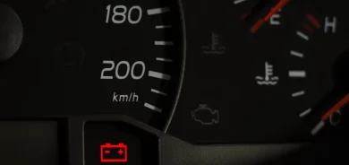 shutterstock_1576423792 Close up shot of a car's dashboard with the battery icon lit.