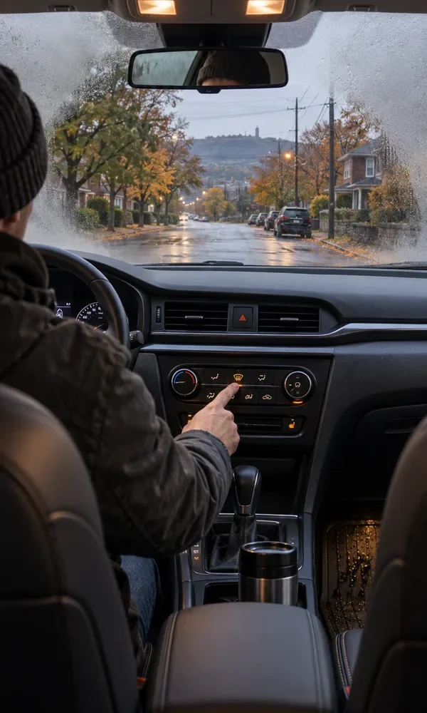 Driver selecting the windshield defrost control as fog clears from the glass